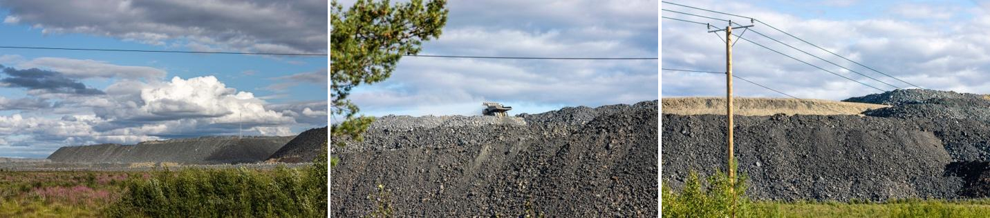 Kolmen valokuvan sarjassa näkyvät Kevitsan kaivoksen laajat sivukivijätekasat. Keskimmäisessä kuvassa näkyy kiviä kuljettava dumpperi (suurikokoinen kuorma-auto).