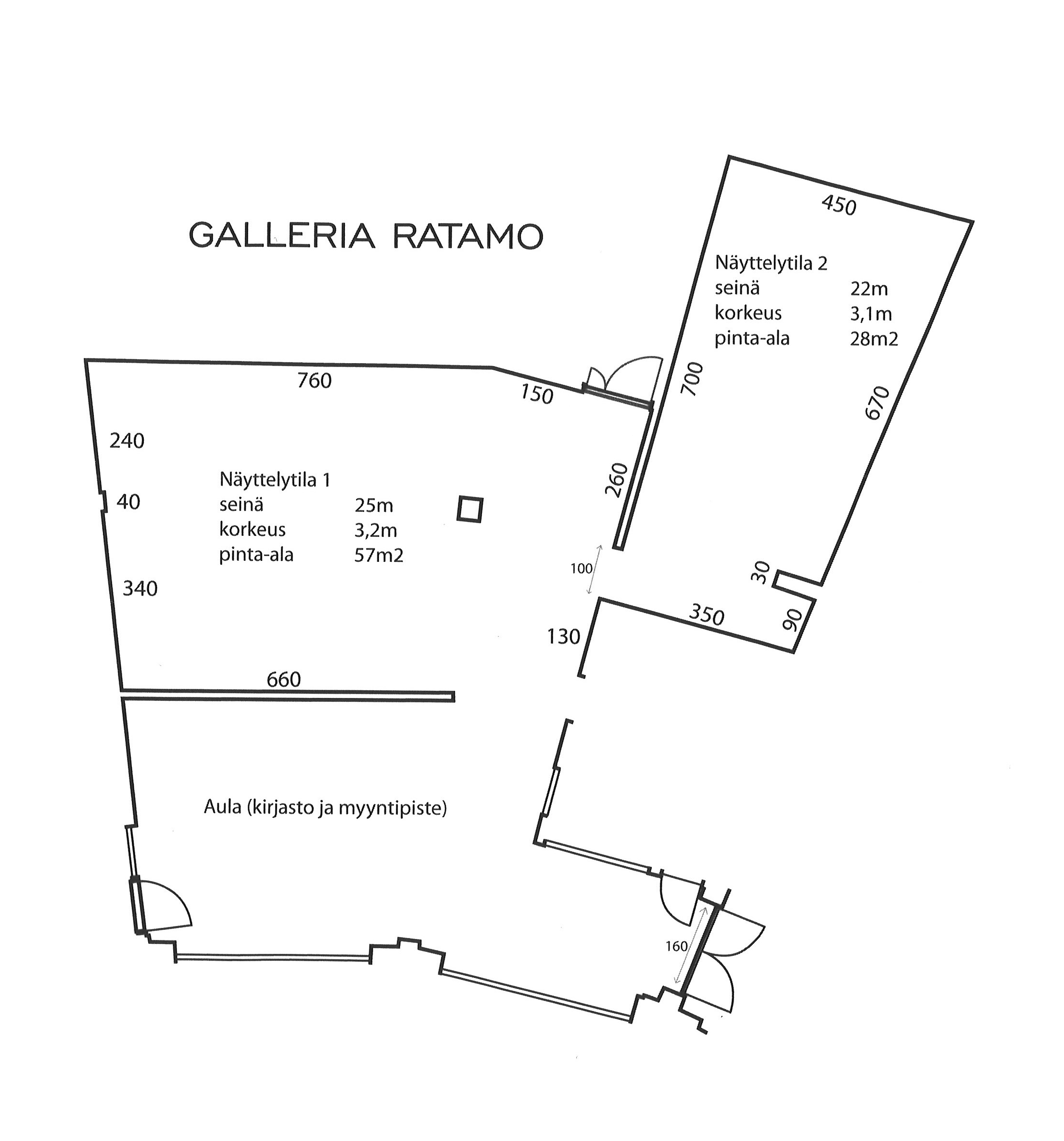 Galleria Ratamon pohjapiirros, jossa on kolme tilaa: aula, suurempi näyttelytila 1 ja pienempi näyttelytila 2.